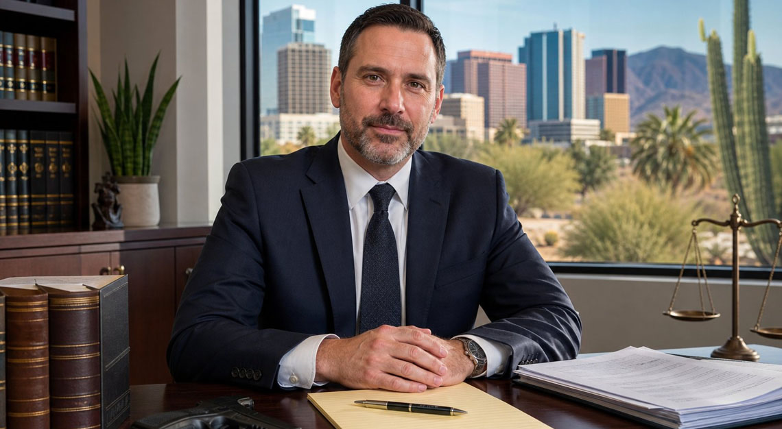 A professional lawyer sitting at a desk in an office with a view of Phoenix city and desert plants outside.