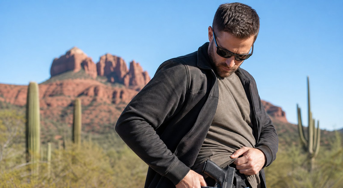 An adult outdoors in a desert landscape with cacti and red rocks, wearing a concealed carry holster under their clothing.