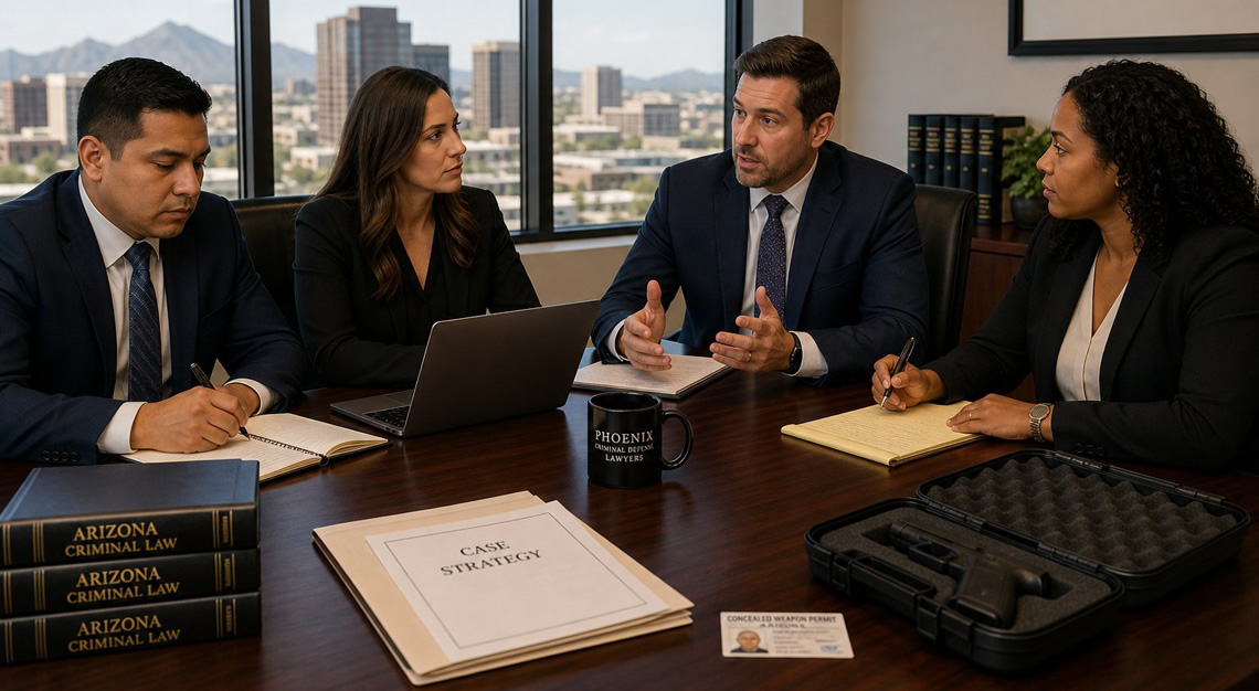 A group of lawyers discussing legal documents around a conference table in an office with a city view.