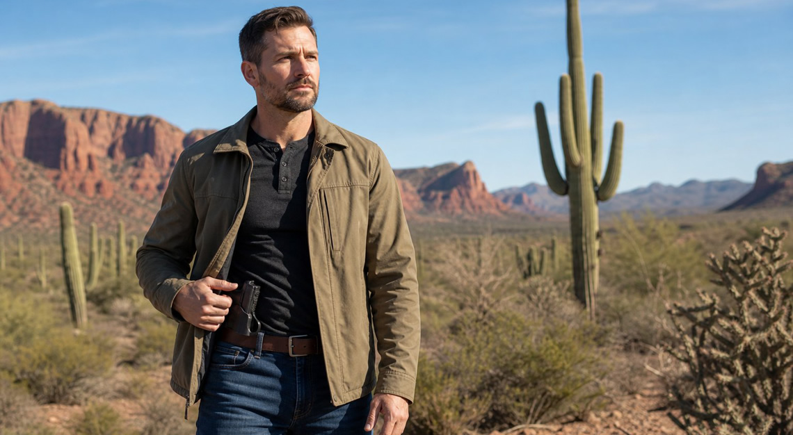 An adult standing outdoors in an Arizona desert with cacti and red rocks, wearing casual clothes and a concealed handgun holstered under a jacket.