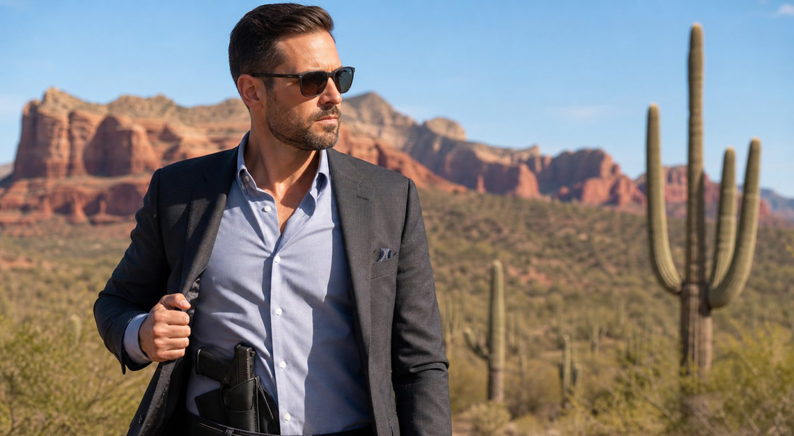 A person standing outdoors in a desert landscape with red rocks and cacti, discreetly carrying a concealed handgun under their clothing.
