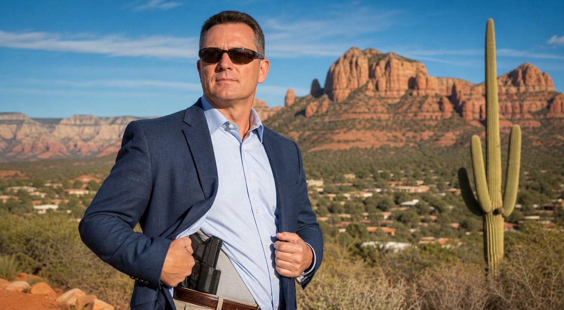 A person standing outdoors in a sunny desert setting with red rocks and cacti, discreetly carrying a concealed handgun under their clothing.
