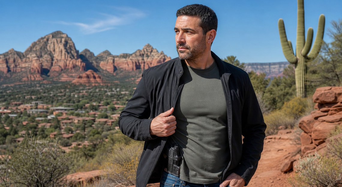 An adult standing outdoors in an Arizona desert setting, discreetly carrying a concealed firearm under their jacket.