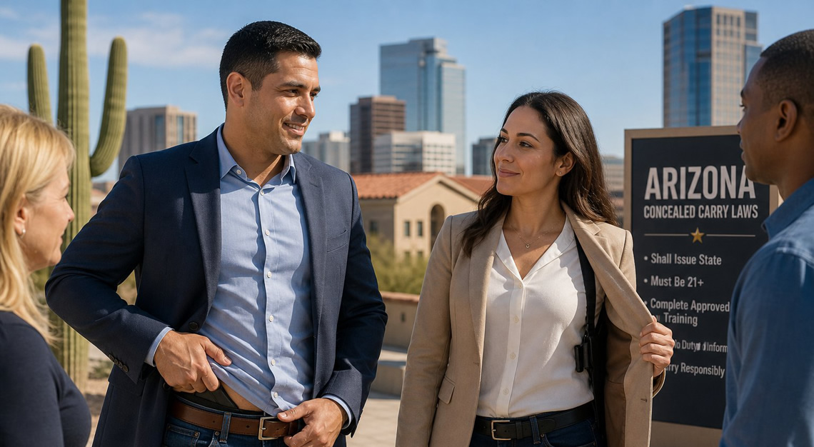 Two adults in business casual clothes demonstrate different concealed carry methods in an urban Arizona setting with desert plants and southwestern architecture in the background.