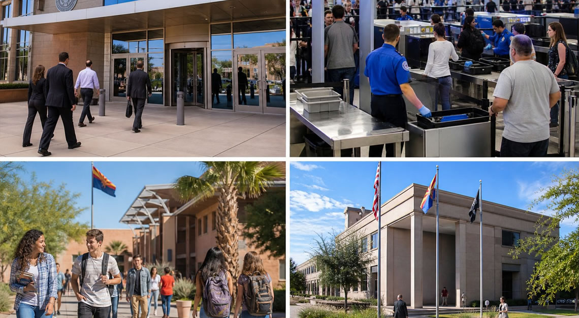 People in public places in Arizona including a courthouse, airport security, school campus, and government building with security measures visible.