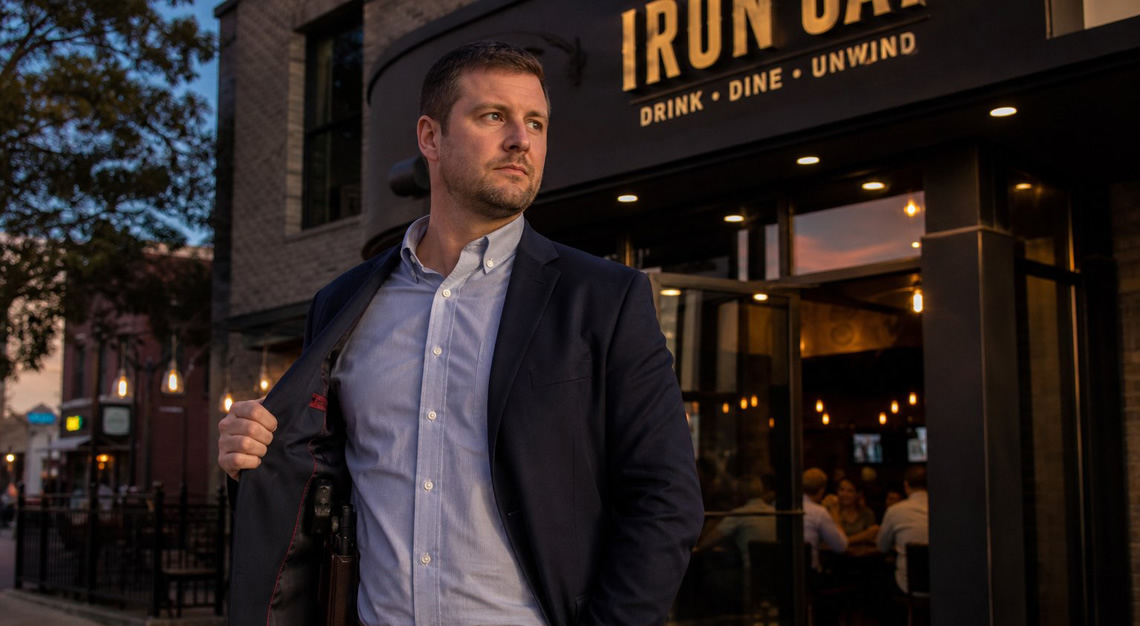 A man standing outside a bar at dusk with a concealed handgun holstered under his jacket.