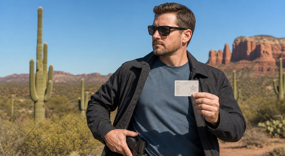 An adult outdoors in Arizona holding a concealed carry permit and adjusting a holstered handgun under their jacket with a desert landscape in the background.