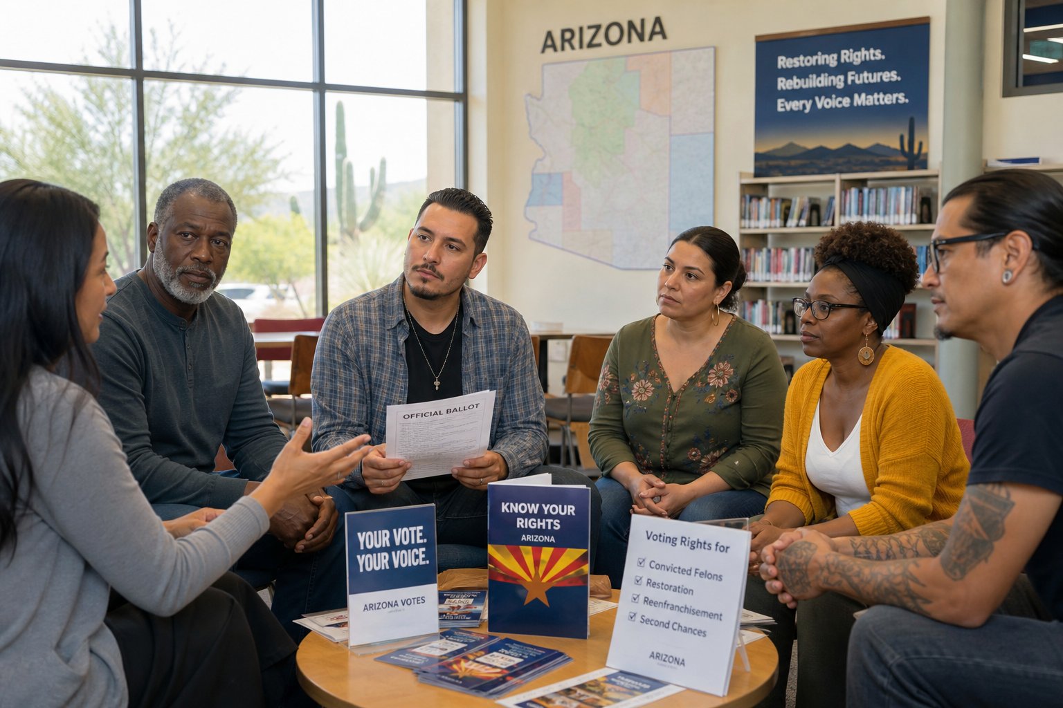 A diverse group of adults discussing voting rights in a community center with a map of Arizona on the wall.