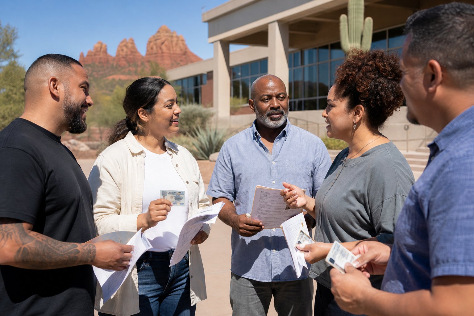A diverse group of adults standing outside a government building in Arizona, holding voter registration forms and talking.