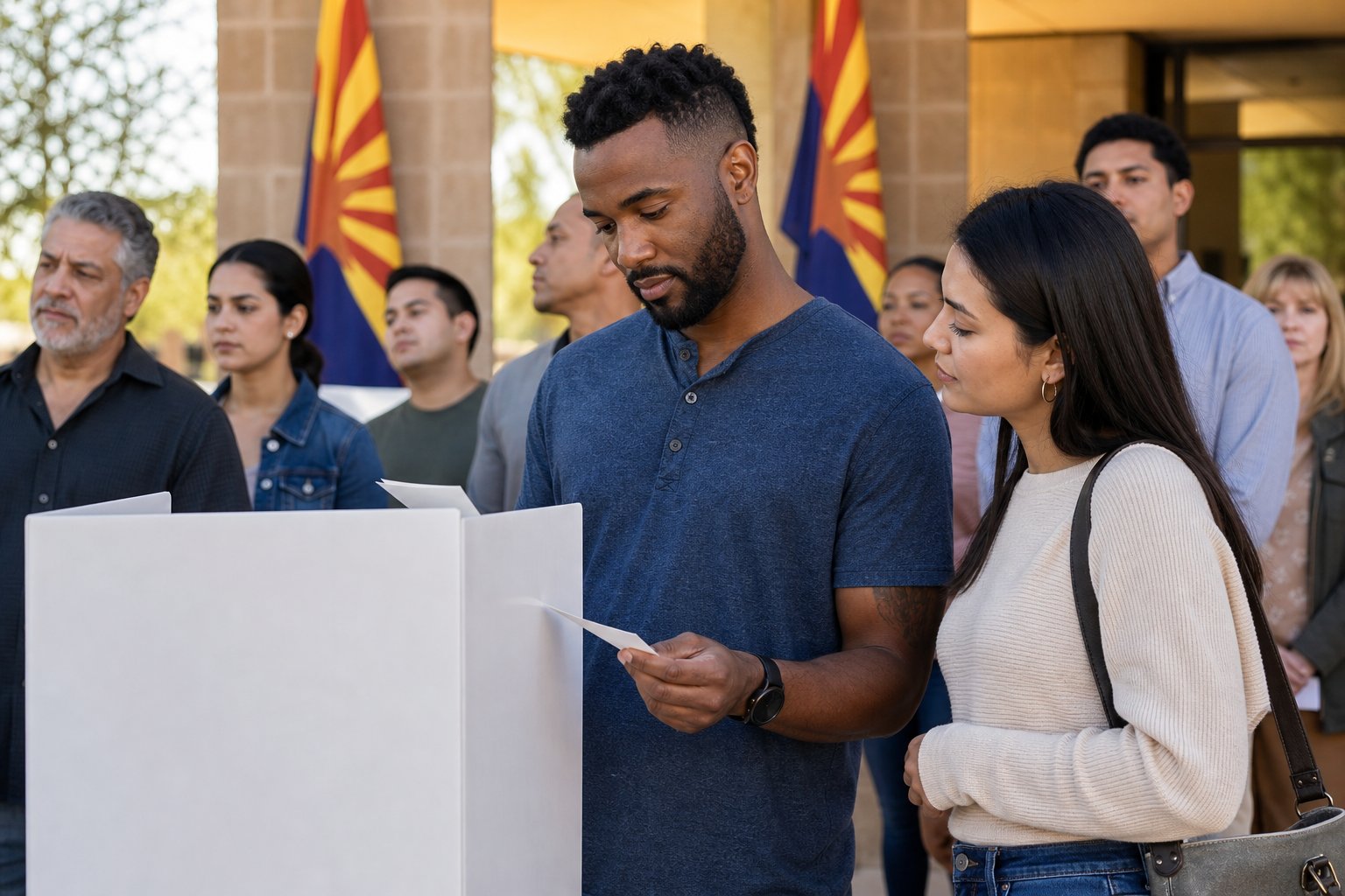 A diverse group of adults near a polling station with Arizona state flags, some holding ballots and looking thoughtful.