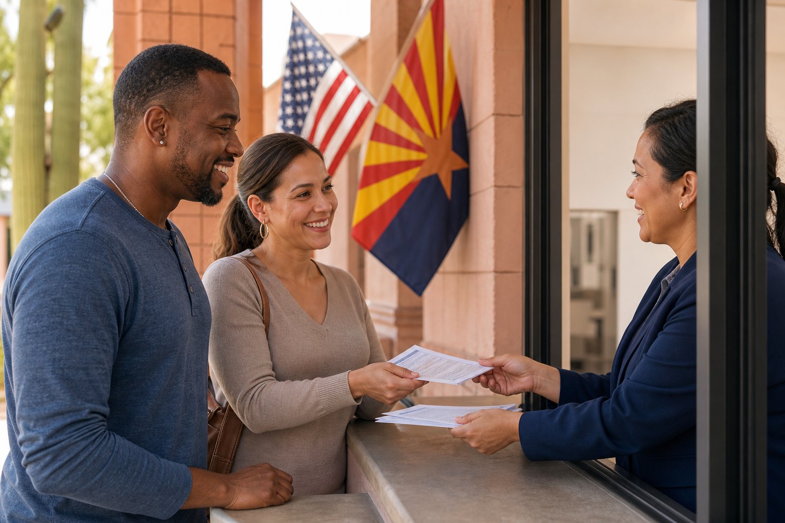 A diverse group of adults interacting with an election official outside a government building with U.S. and Arizona flags visible.