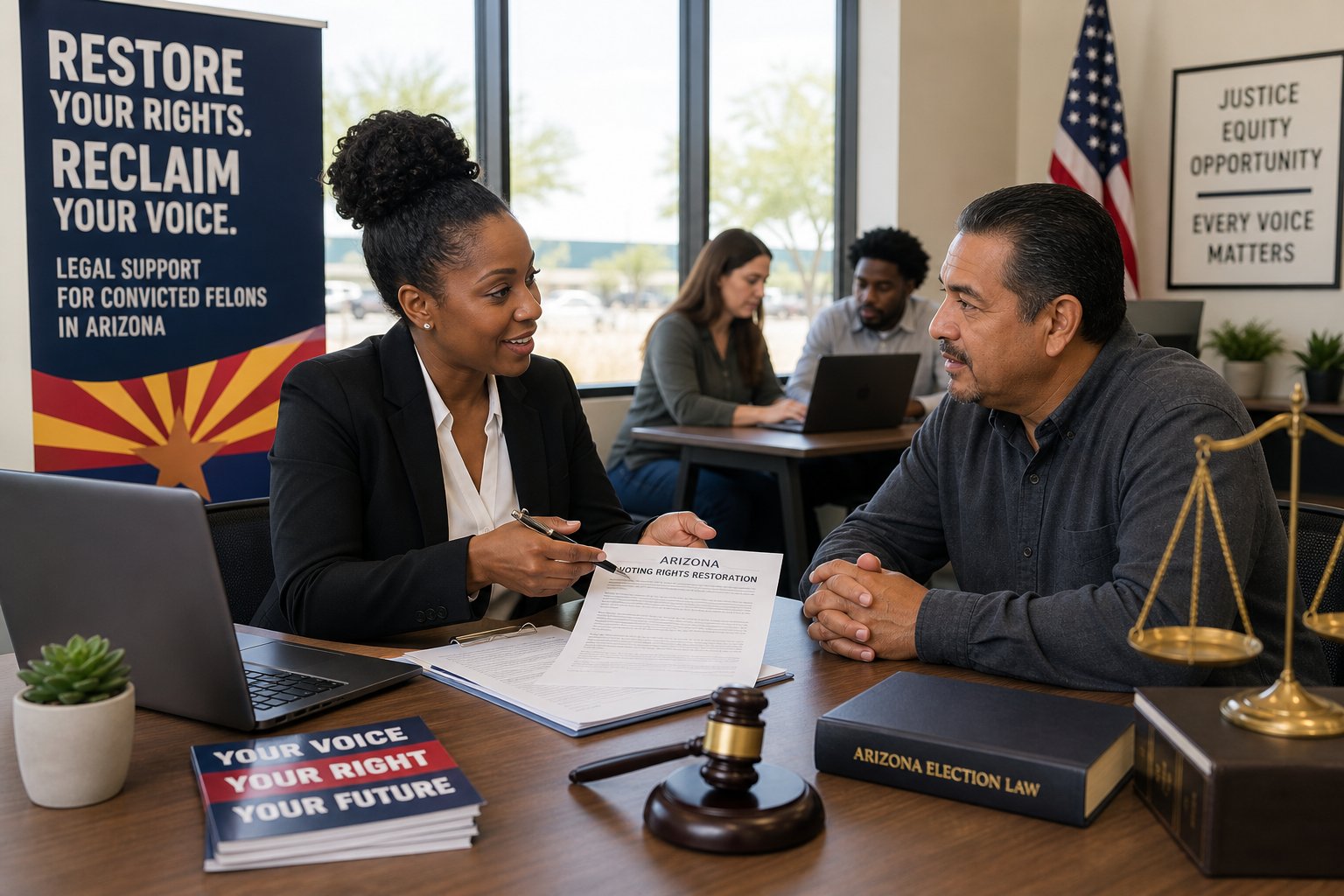 A woman in business attire consulting with a man across a desk in a bright office with legal documents and symbols of justice.