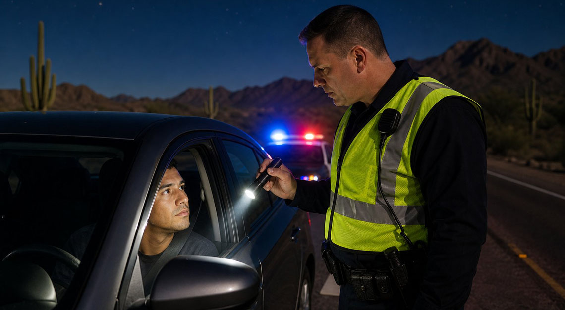 A police officer at a nighttime roadside checkpoint talks to a driver inside a car with a desert landscape visible in the background.