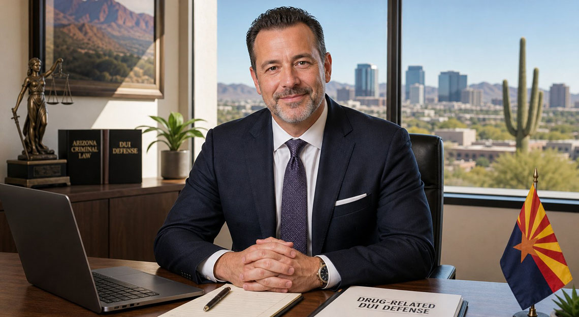 An attorney sitting at a desk in an office with a view of a city skyline and desert plants, looking confident and approachable.