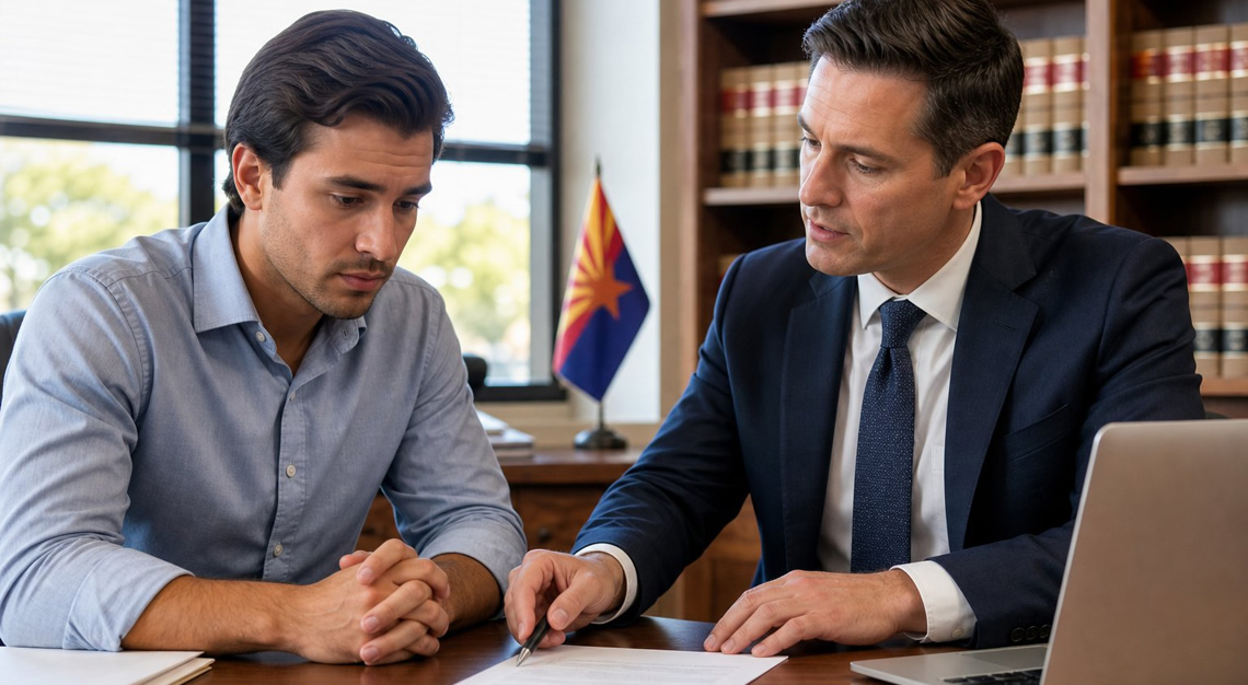 A young man consulting with a lawyer in an office, reviewing legal documents together.