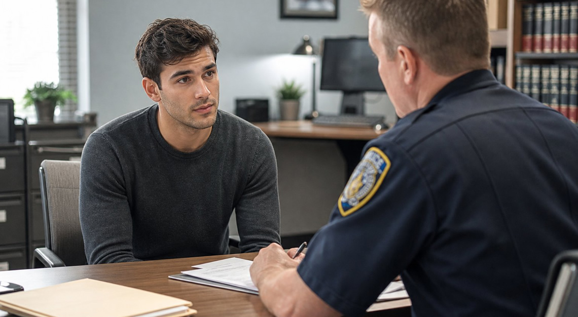 A young man talking to a police officer or legal advisor in a modern office setting after a DUI arrest.