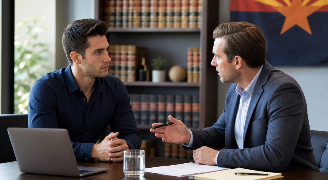 A young man consulting with a lawyer in an office, discussing legal matters.