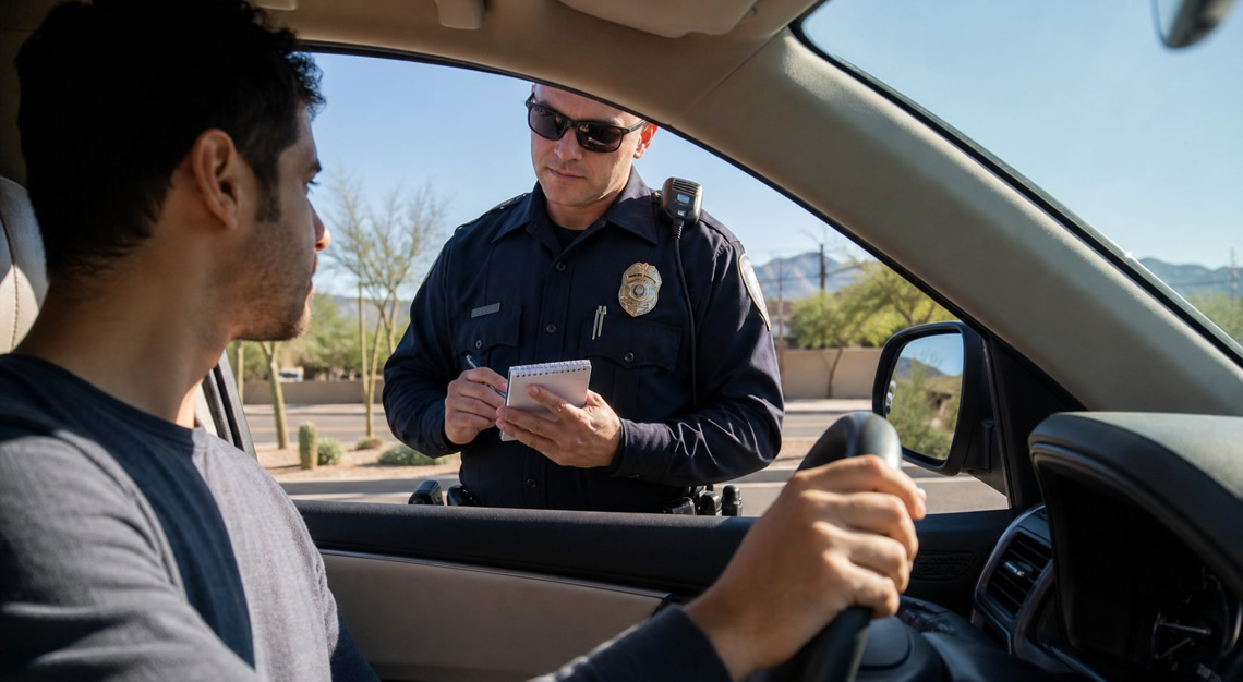 A young man sitting calmly inside a car while a police officer stands outside the window during the daytime.