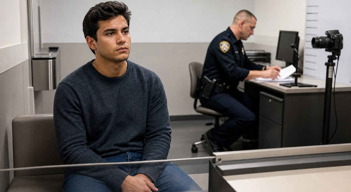 A young man sitting calmly in a police booking area with a police officer working in the background.