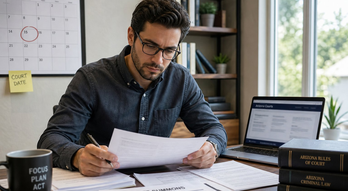 A young man sitting at a desk reviewing legal paperwork with a calendar and laptop nearby.