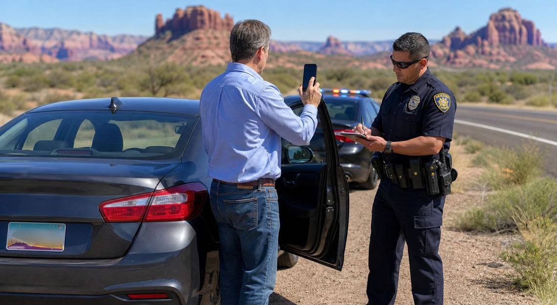 A driver standing beside their car on the side of a desert highway in Arizona, speaking calmly with a police officer while holding a smartphone.