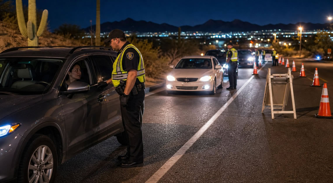 Police officers at a nighttime DUI checkpoint on a road in Arizona, directing traffic with cones and signs.