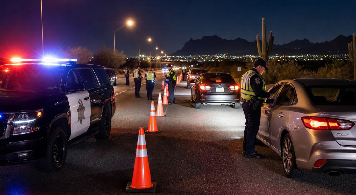 Police officers conducting a DUI checkpoint at night on an Arizona highway with traffic cones and patrol vehicles.