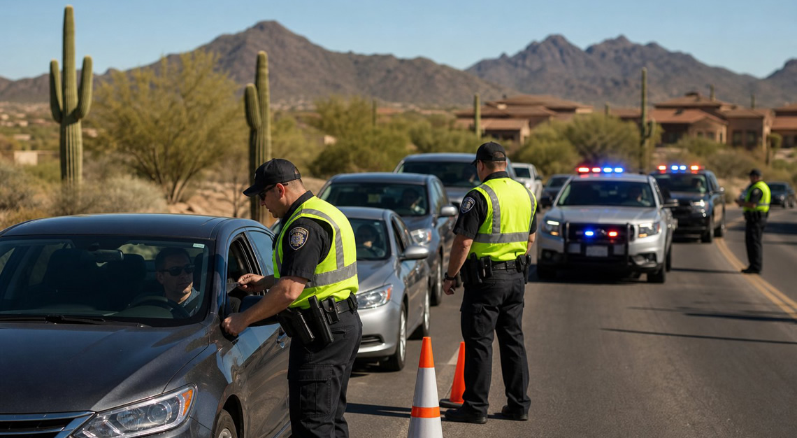 Police officers at a DUI checkpoint in Arizona directing traffic on a desert road with stopped cars and clear blue sky.