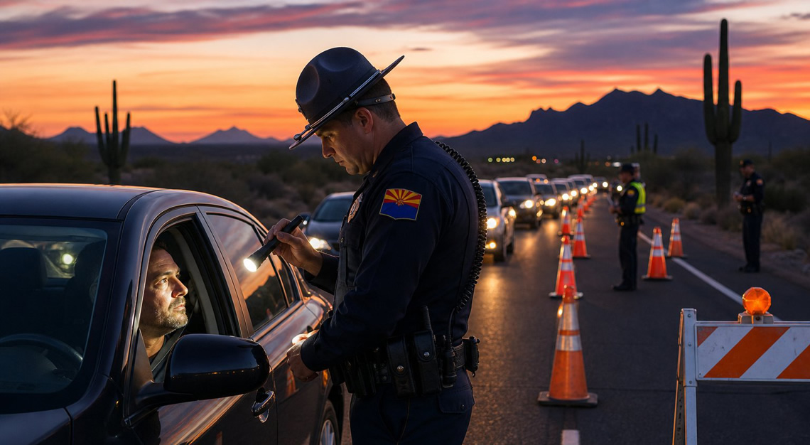 Police officer at a DUI checkpoint on a highway in Arizona interacting with a driver during sunset, with traffic cones and desert landscape in the background.