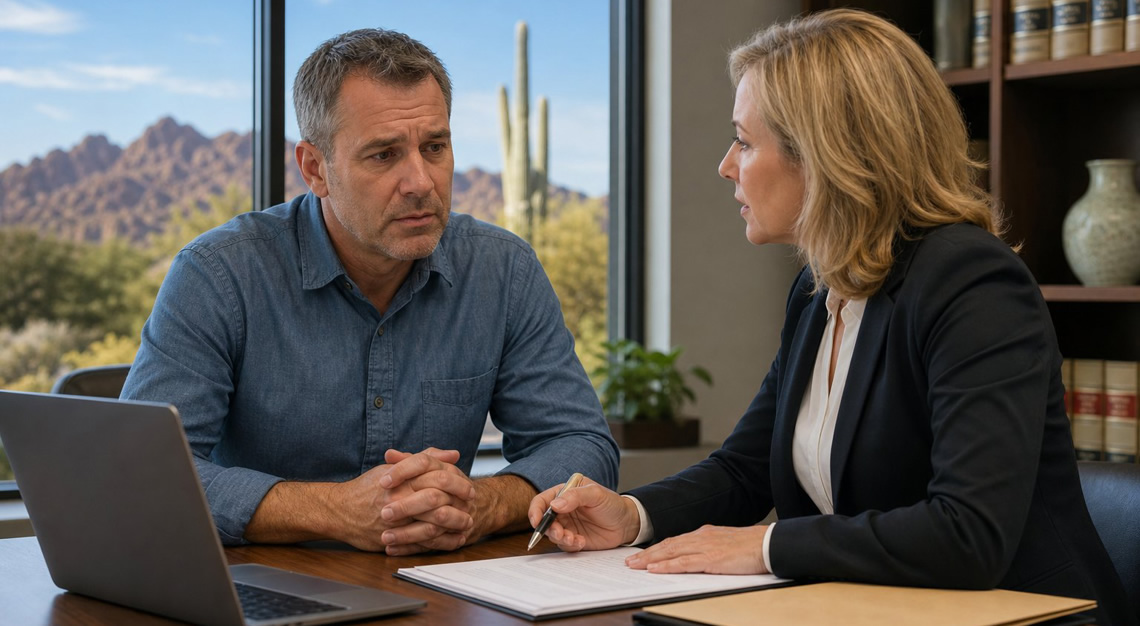 A person consulting with a lawyer in an office, discussing legal documents with a desert landscape visible through the window.