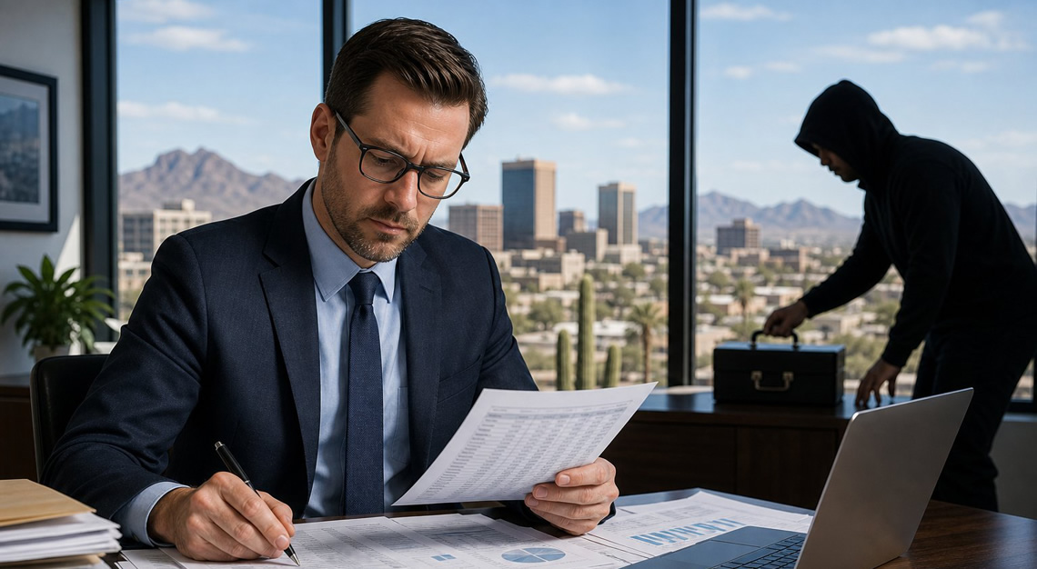 A business professional reviewing financial documents in an office with a city view, while a shadowy figure in the background reaches toward a briefcase.
