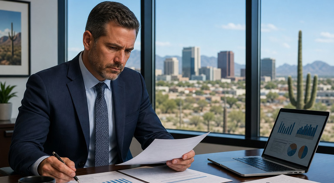 A businessperson reviewing financial documents at a desk with a view of an Arizona cityscape and desert plants outside the window.
