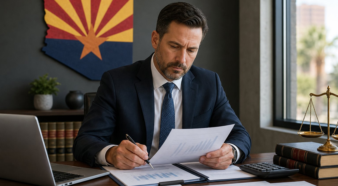 A lawyer reviewing financial documents at a desk with a laptop and calculator, with an Arizona state flag visible in the background.