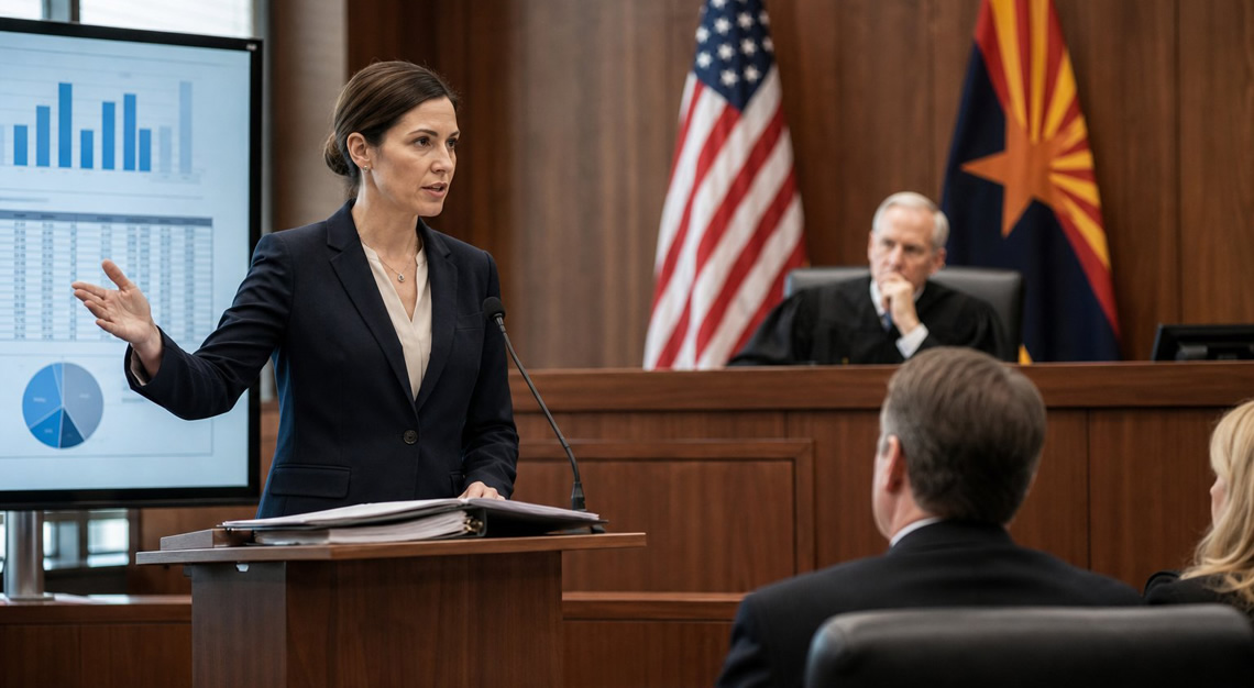 A prosecutor presenting evidence in a courtroom with a judge and flags in the background.