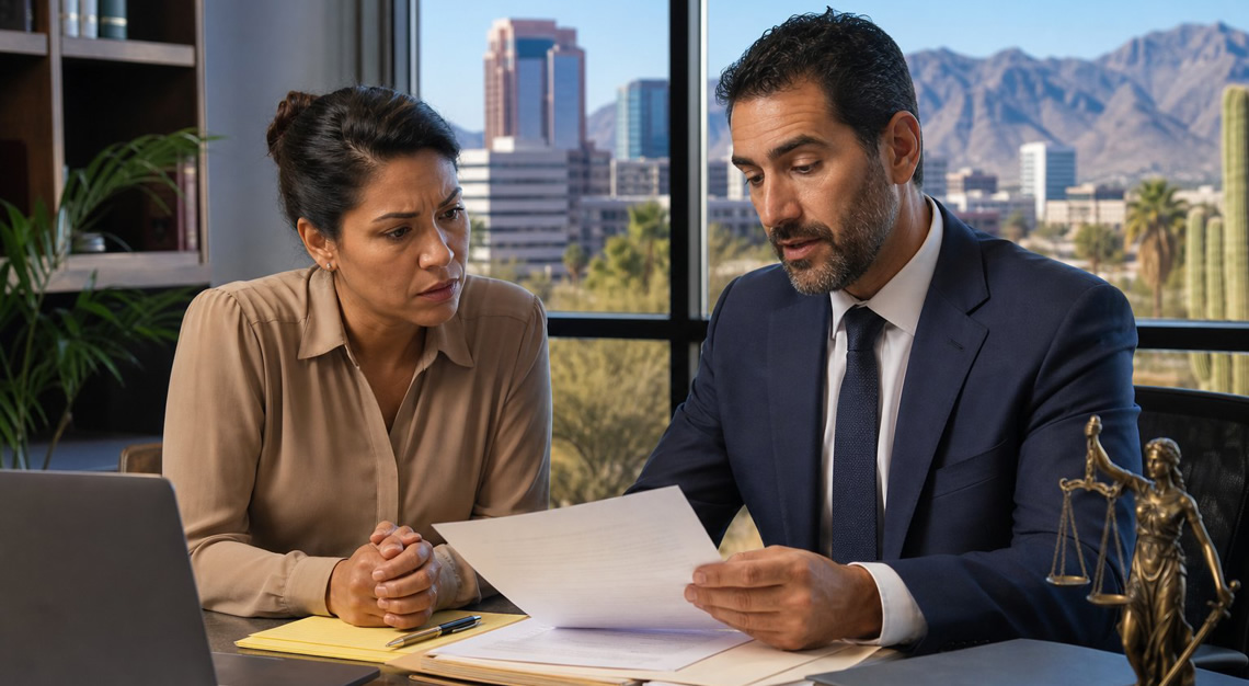 A lawyer discussing documents with a client in an office overlooking an Arizona cityscape with desert plants.