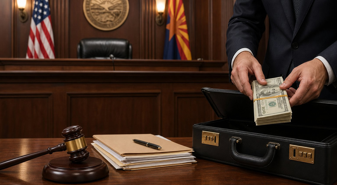 Hands placing cash into a briefcase on a courtroom table with a gavel and Arizona state flag in the background.