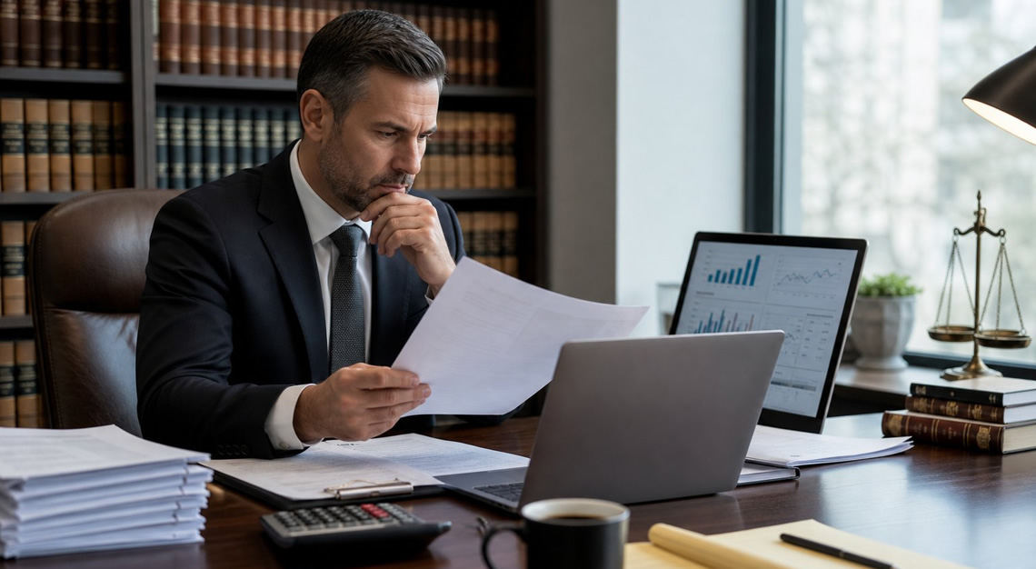 A lawyer in a modern office reviewing financial documents and a laptop, surrounded by legal books and paperwork.