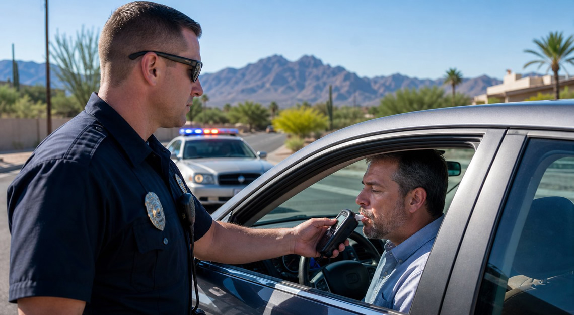 A police officer administering a breathalyzer test to a driver during a roadside stop in a suburban Arizona setting.