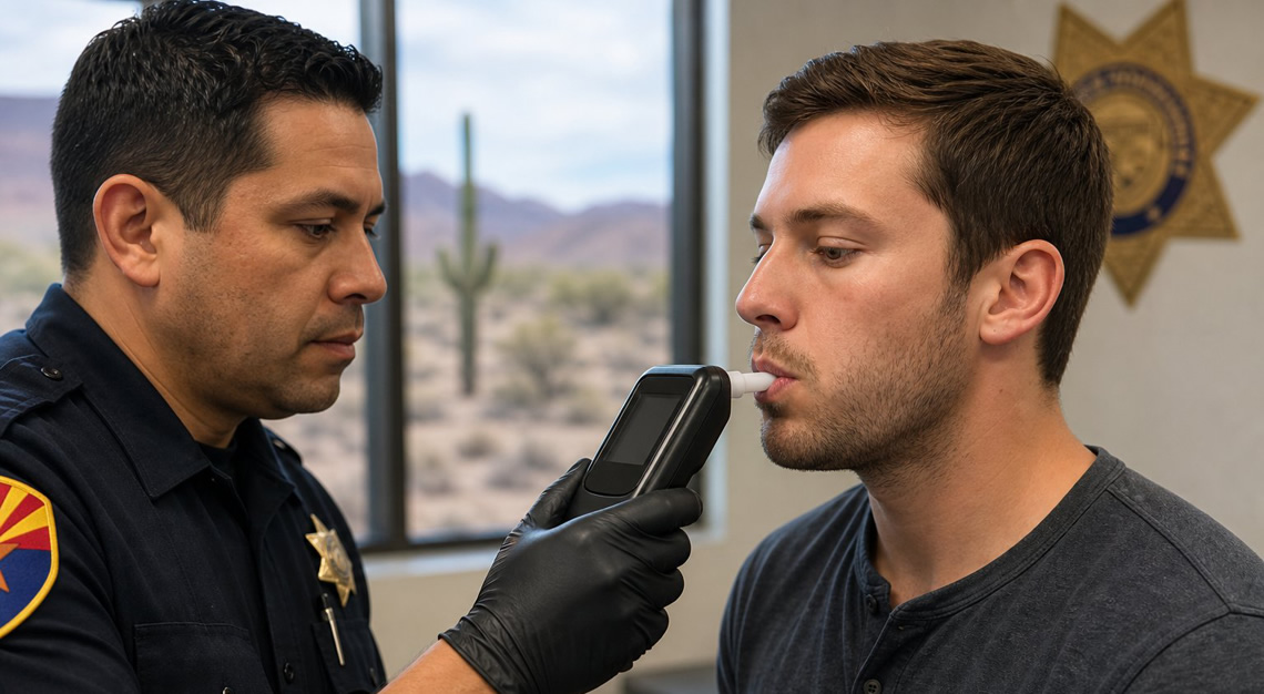 A police officer administers a breathalyzer test to a young adult in a room with a desert landscape visible through the window.