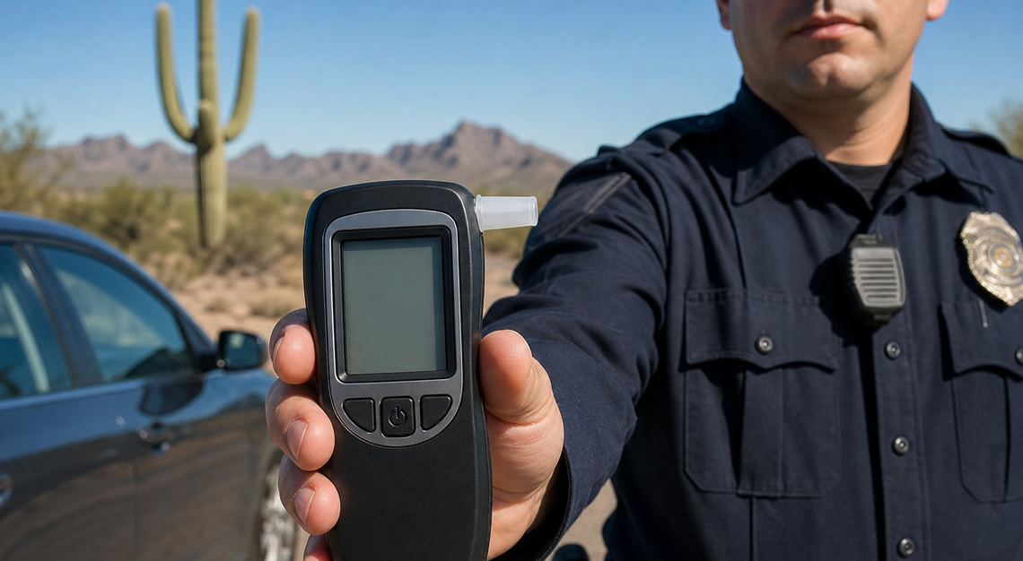 A police officer holding a breathalyzer device during a roadside check in a desert area with cacti and a parked car in the background.
