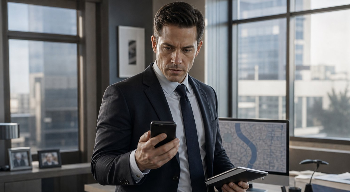 A federal agent in a suit holding a smartphone and notepad in a modern office, preparing to make contact.