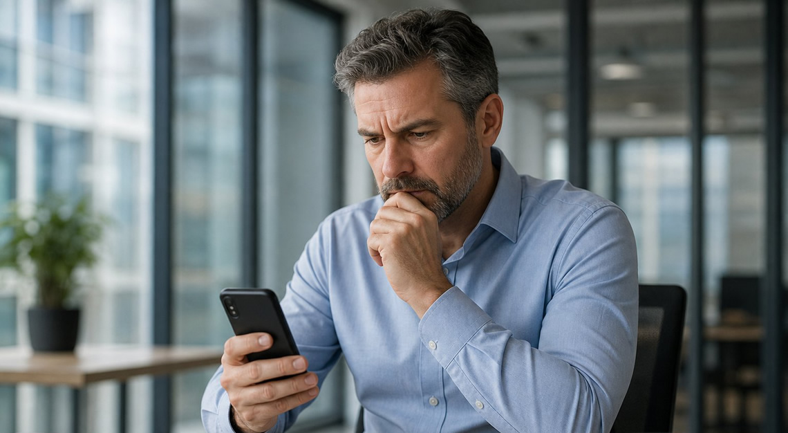 A man in business casual clothing sits at a desk looking thoughtfully at his smartphone in an office setting.