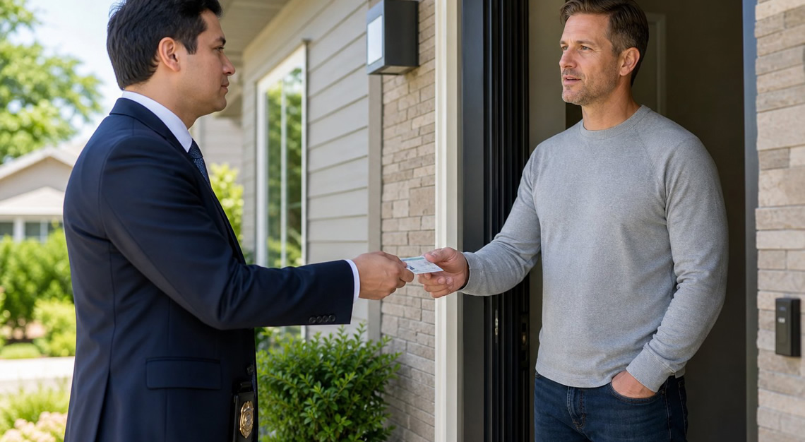 A federal agent handing an official document to a civilian at the front door of a suburban home during daytime.