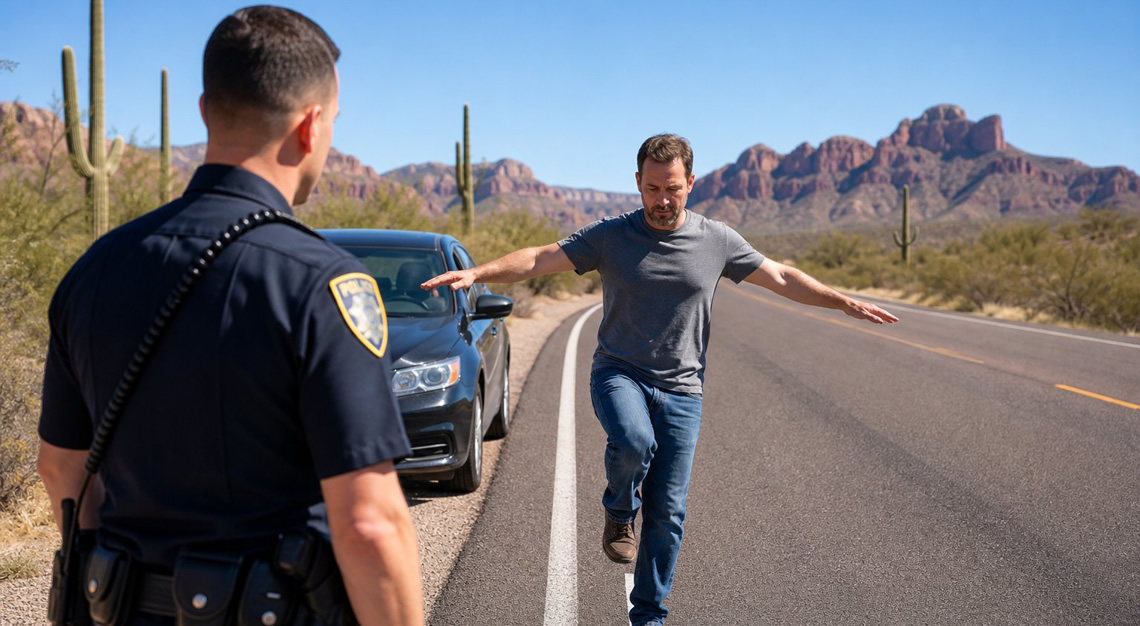 A police officer in uniform administering a field sobriety test to a driver on a sunny Arizona highway with desert landscape in the background.