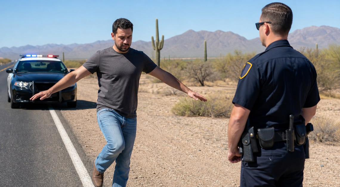 A police officer administering a field sobriety test to a driver on a roadside in a desert area with a patrol car nearby.