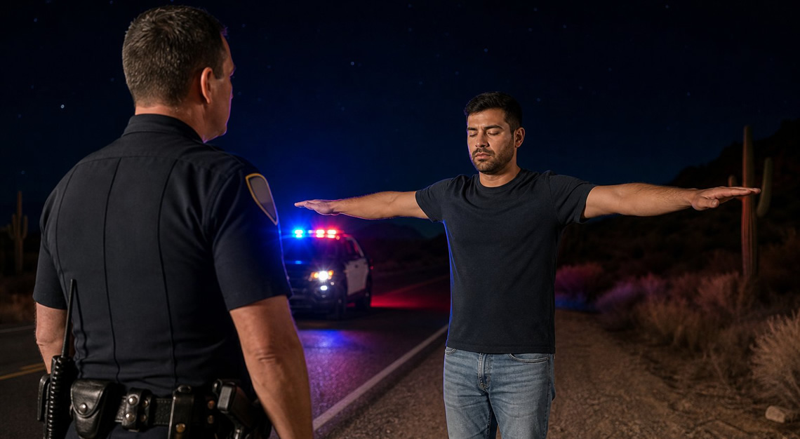 A police officer administering a field sobriety test to a driver standing on a roadside at night with a police car nearby.