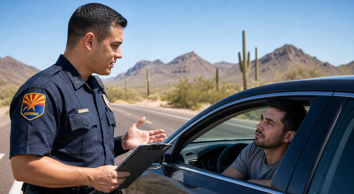 A police officer talks respectfully to a driver seated in a car on a sunny Arizona highway during a field sobriety test.