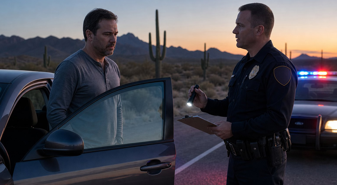 A man standing beside his car at dusk talks with a police officer holding a clipboard and flashlight on a desert roadside.