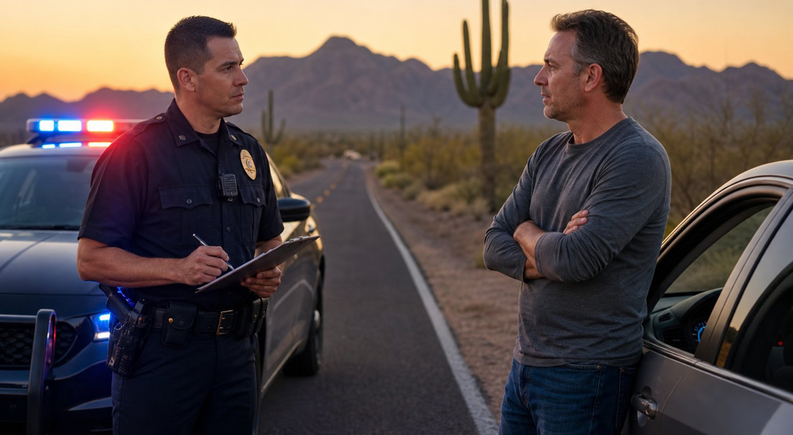 A police officer talks to a driver during a roadside stop in a desert area with cacti and mountains in the background at dusk.