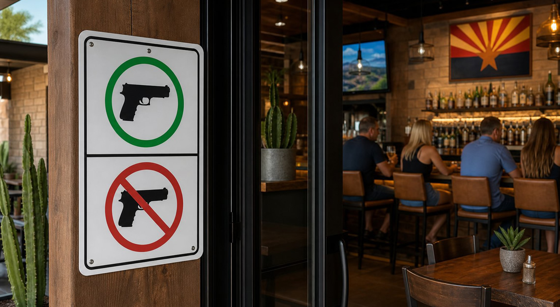 Interior of a modern bar with patrons drinking and a visible sign near the entrance about firearm carry policies.